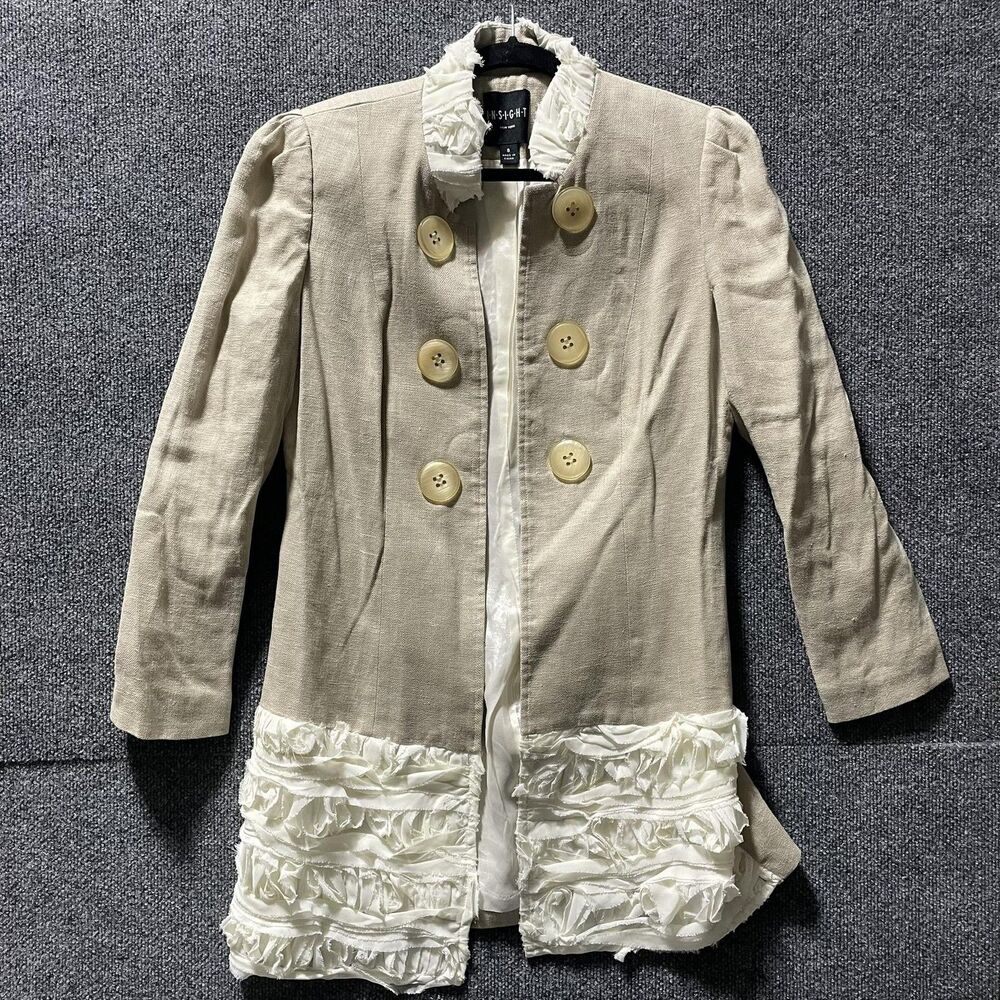 Insight Jacket Womens 8 Beige Linen Ruffle Trim Double Breasted Blazer Coat Chic